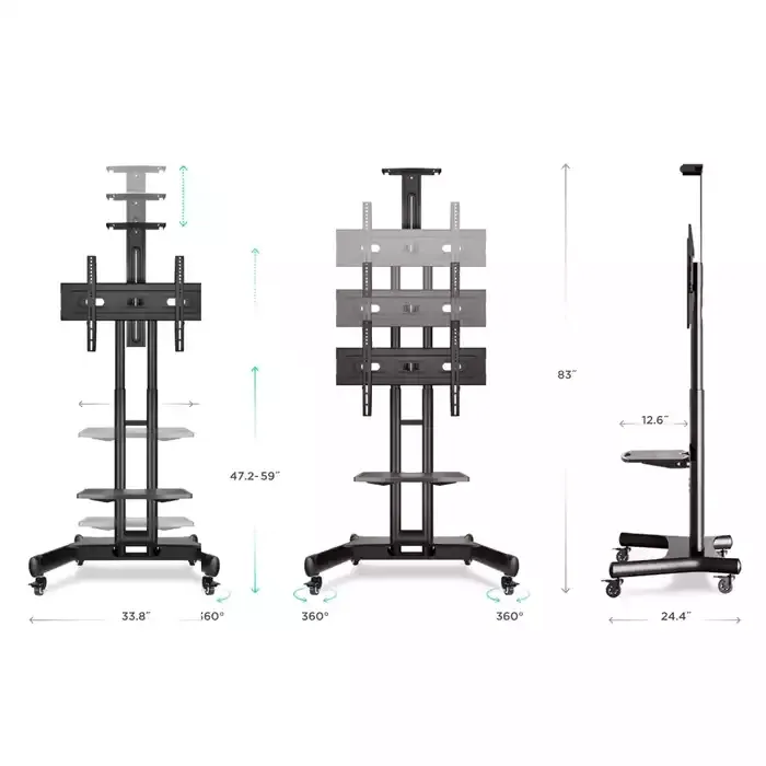 Gamvity Trolley With Wheels Adjustable Height Mobile Tv Mount Stand Height Adjustable Lcd Screen Floor Stand Carts With Dvd Shelf (32-70inch) - Image 4