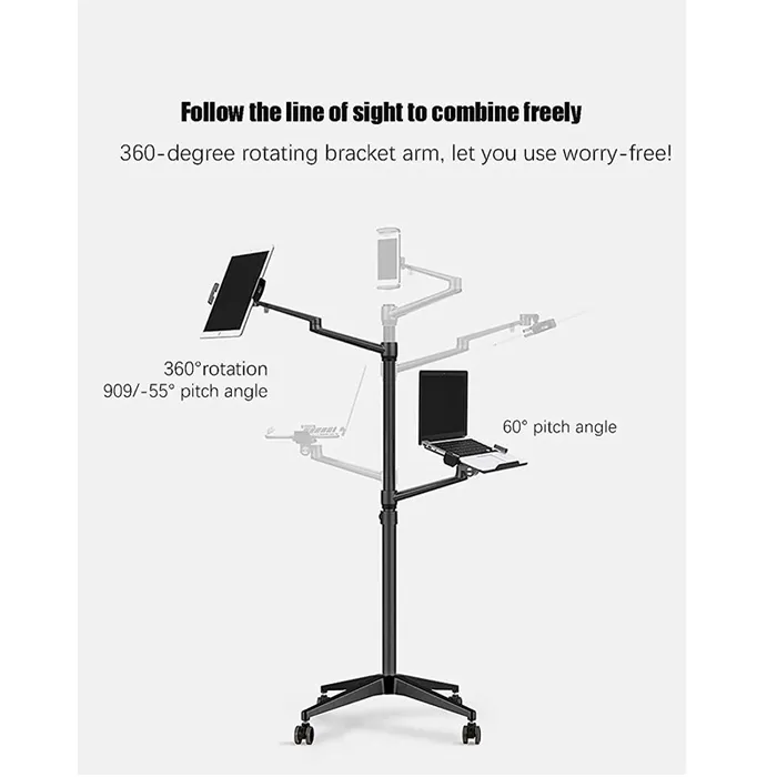 Multifunction Computer Floor Stand For Laptop/tablet/phone Holder Height/angle Adjustable With Wheel Aluminum Up-9l - Black - Image 3