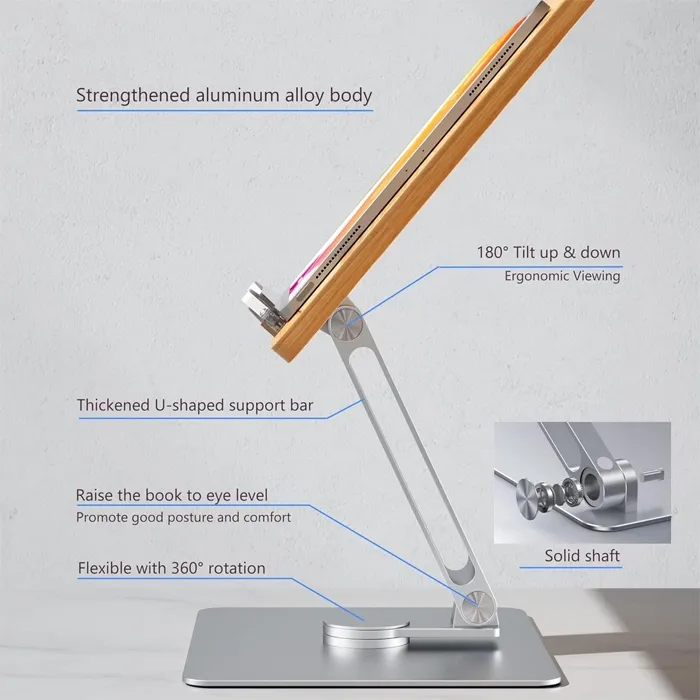 Rotatable 360° Adjustable Book Tablet & Laptop Stand Holder - Wood Brown Aluminum Body - Image 4