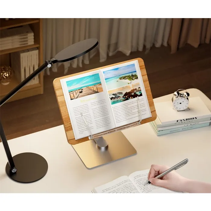 Rotatable 360° Adjustable Book Tablet & Laptop Stand Holder - Wood Brown Aluminum Body - Image 7