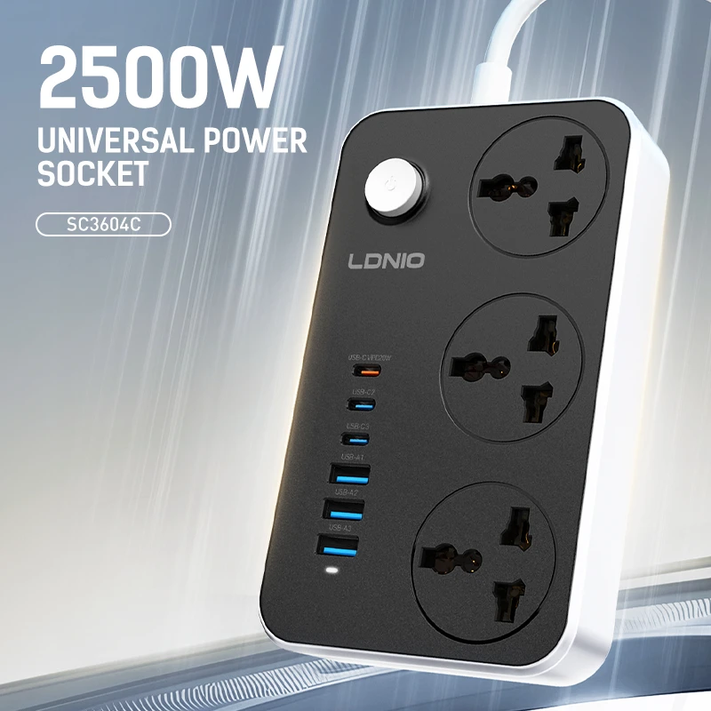 LDNIO SC3604C Power Strip – 3 AC Outlets & 6 USB Ports