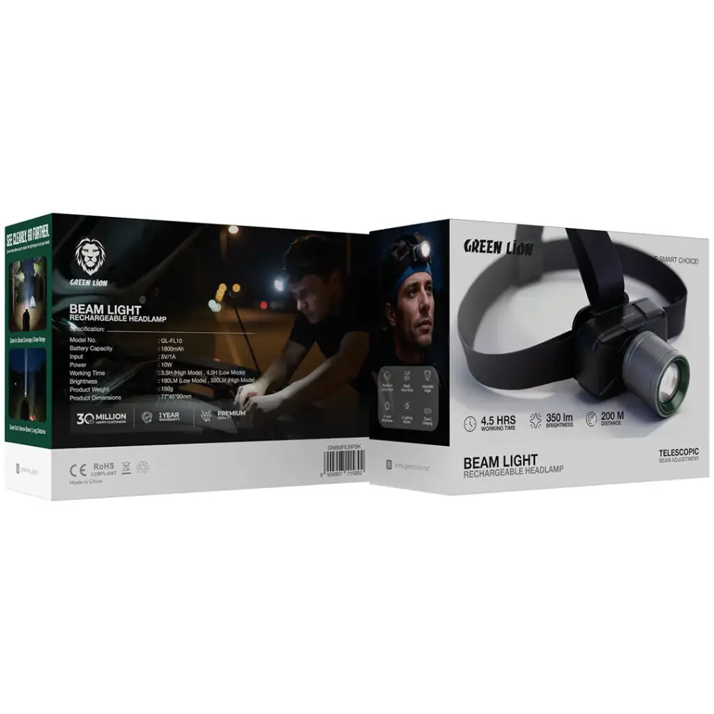 Green Lion Beam Light Rechargeable Headlamp - Black - Image 2