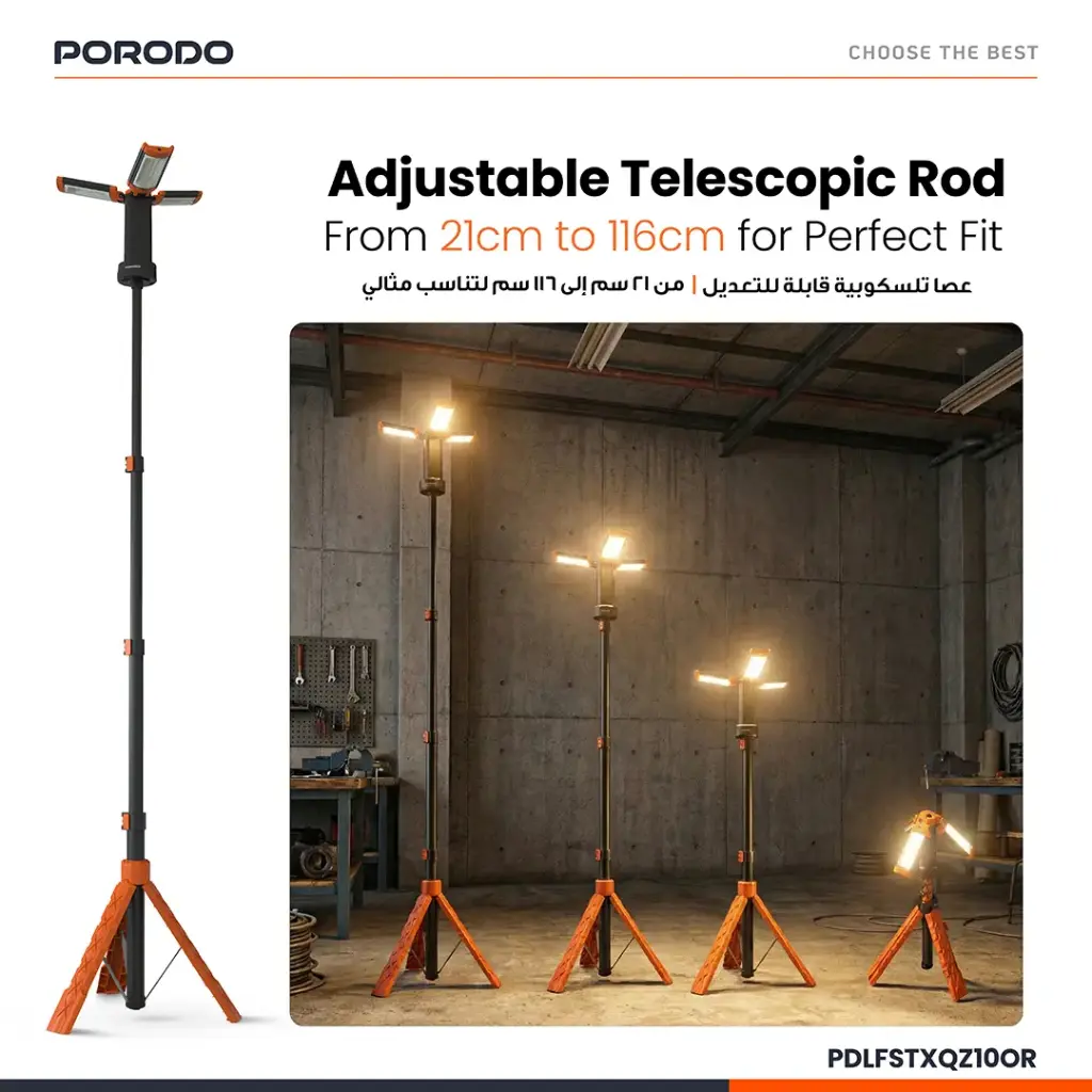 Porodo Lifestyle 9000mAh Work Lantern Foldable Multi-Mode LED Light with Tripod Base & Hook - Orange - Image 10