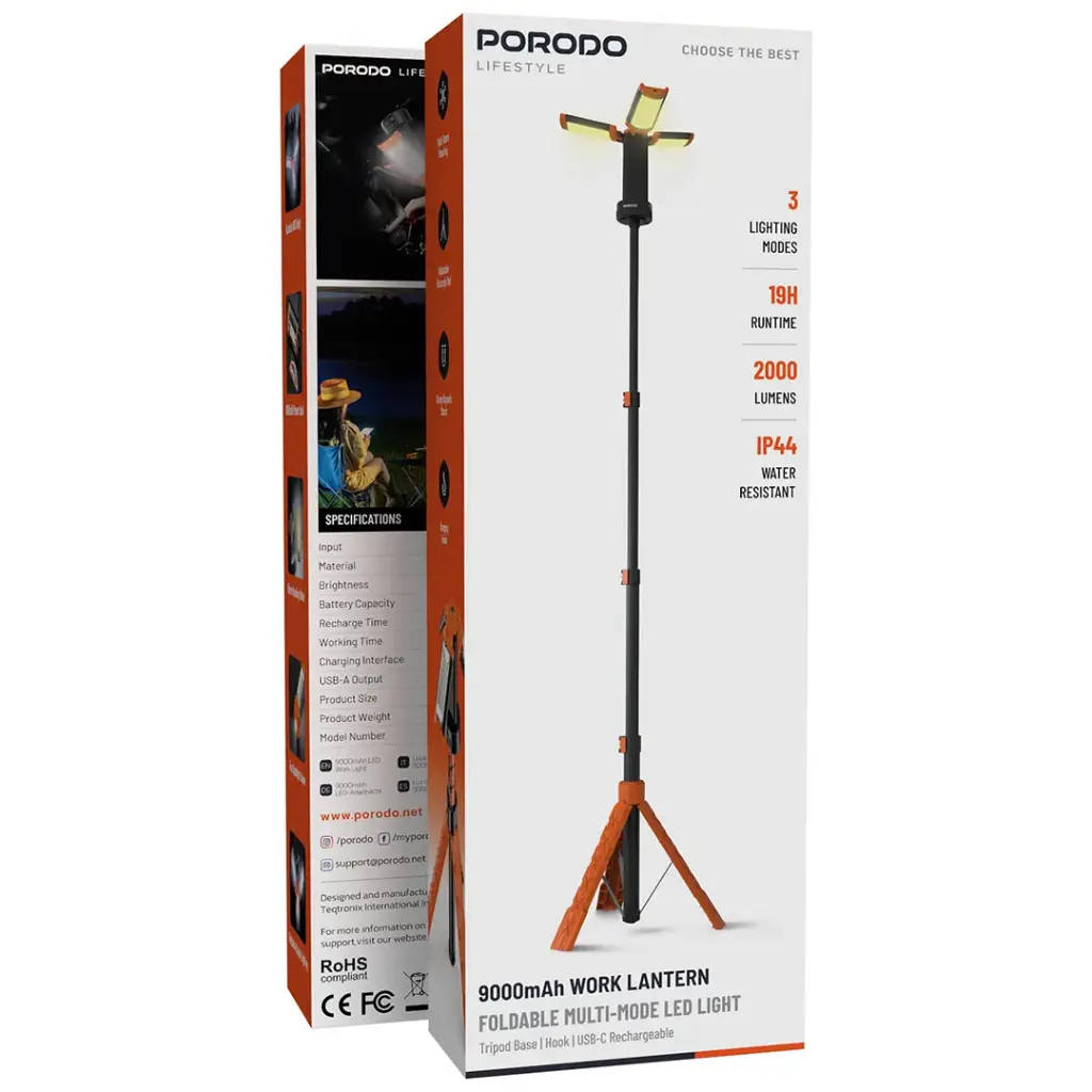 Porodo Lifestyle 9000mAh Work Lantern Foldable Multi-Mode LED Light with Tripod Base & Hook - Orange - Image 11