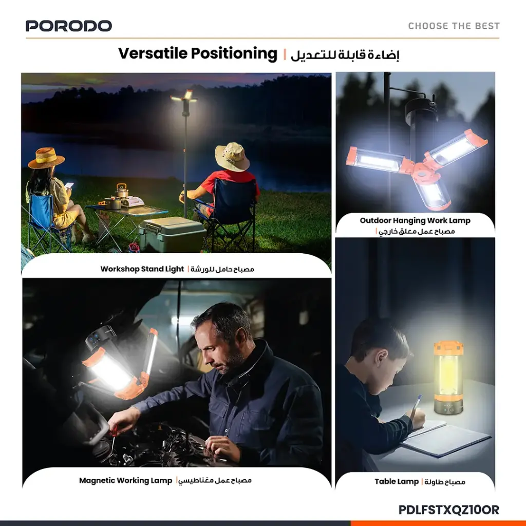 Porodo Lifestyle 9000mAh Work Lantern Foldable Multi-Mode LED Light with Tripod Base & Hook - Orange - Image 9