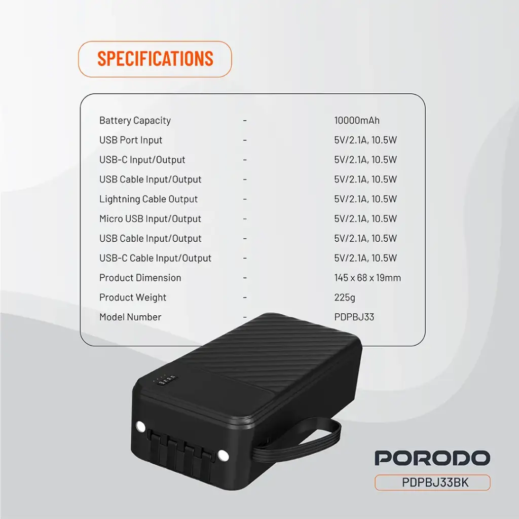 Porodo Piano 10000mAh Power Bank with Integrated Cables - Black - Image 2