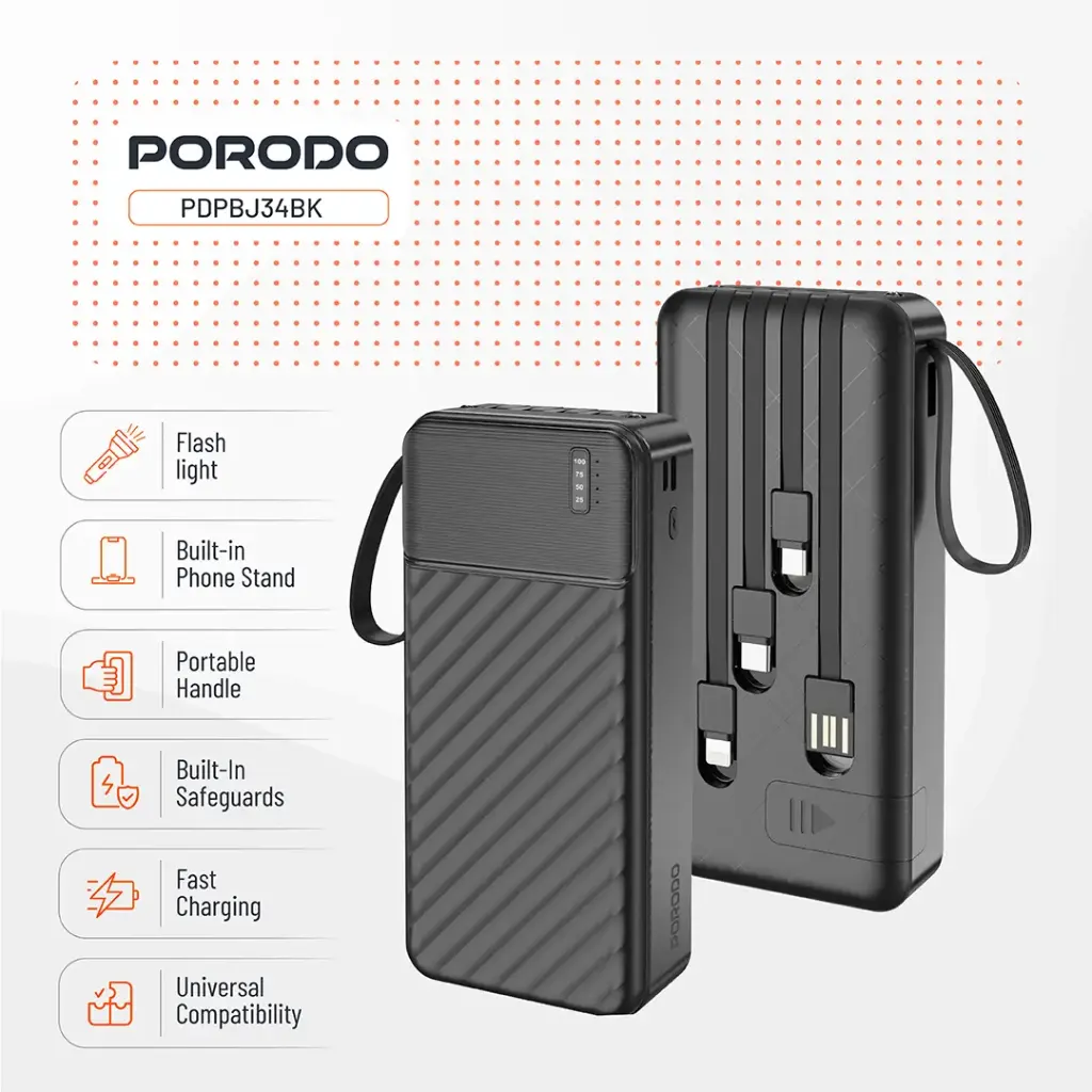 Porodo Piano 20000mAh Power Bank with Integrated Cables - Black - Image 3