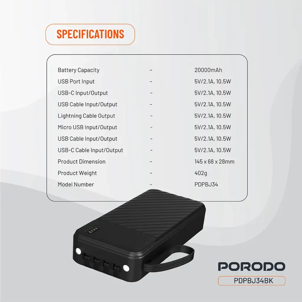 Porodo Piano 20000mAh Power Bank with Integrated Cables - Black - Image 2