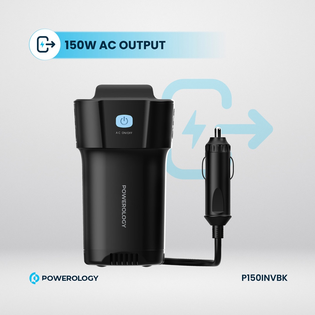 Powerology 150W Inverter AC Universal USB A 2 type-C DC Car 12V10A - Black - Image 4