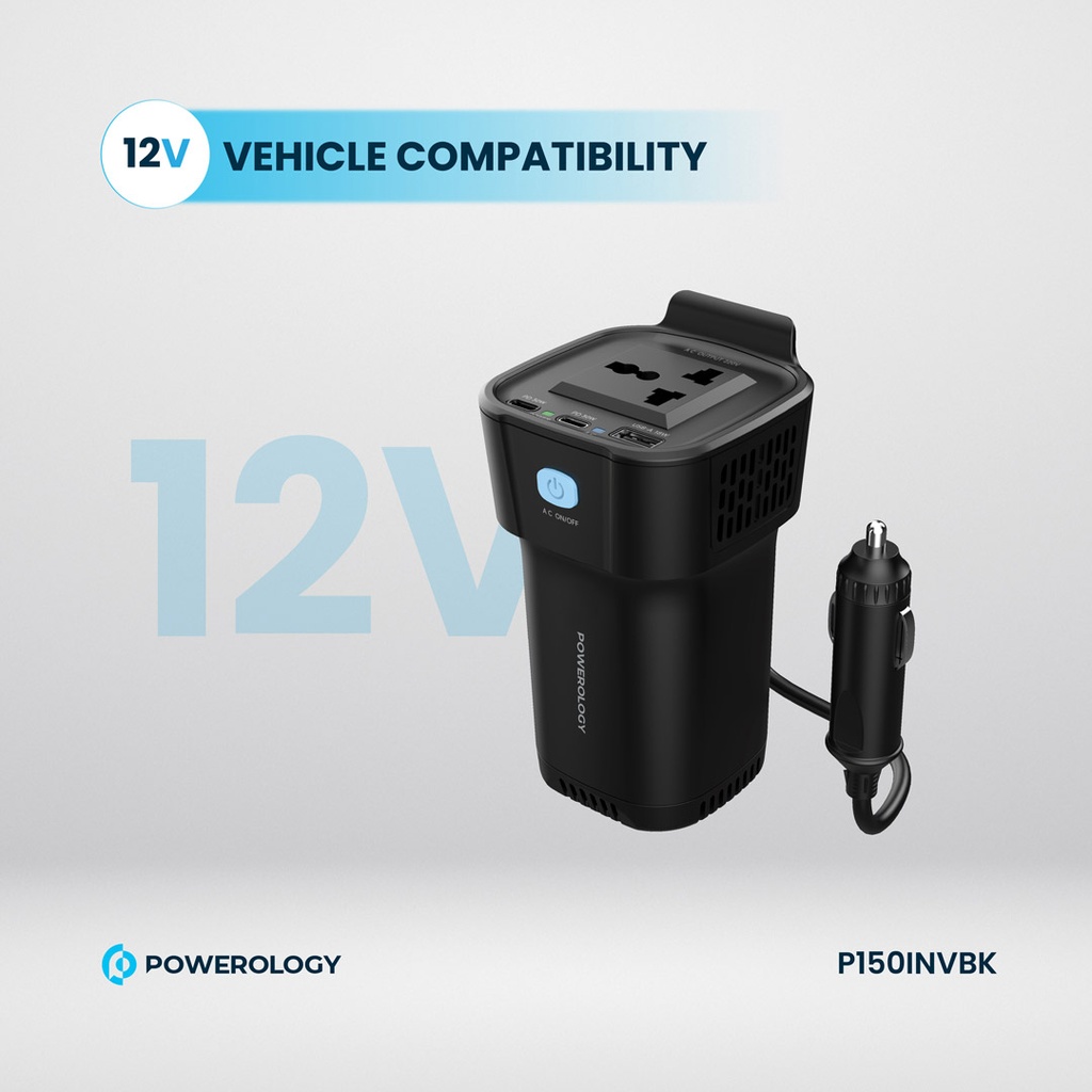Powerology 150W Inverter AC Universal USB A 2 type-C DC Car 12V10A - Black - Image 5