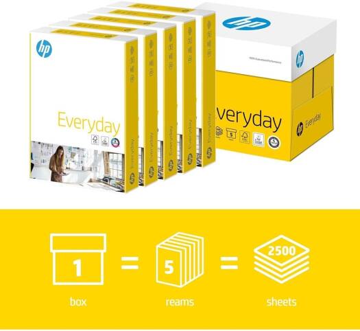 HP Printer Paper, Everyday A4 Paper, 210x297mm, 75gsm, 5 Ream Carton, 2500 Sheets, FSC Certified Copy Paper, White | 87931