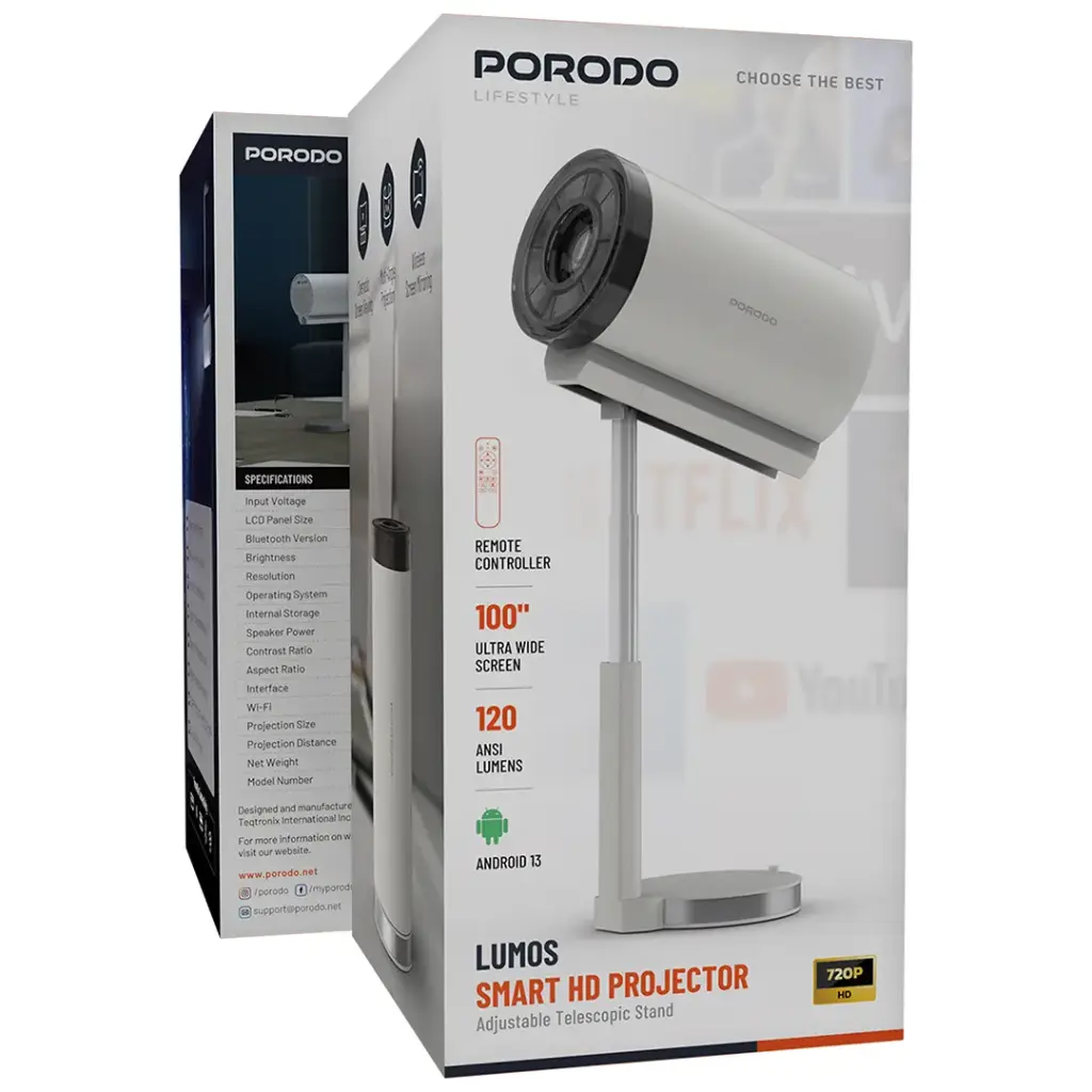 Porodo Lifestyle Lumos Smart HD Projector - White - Image 5