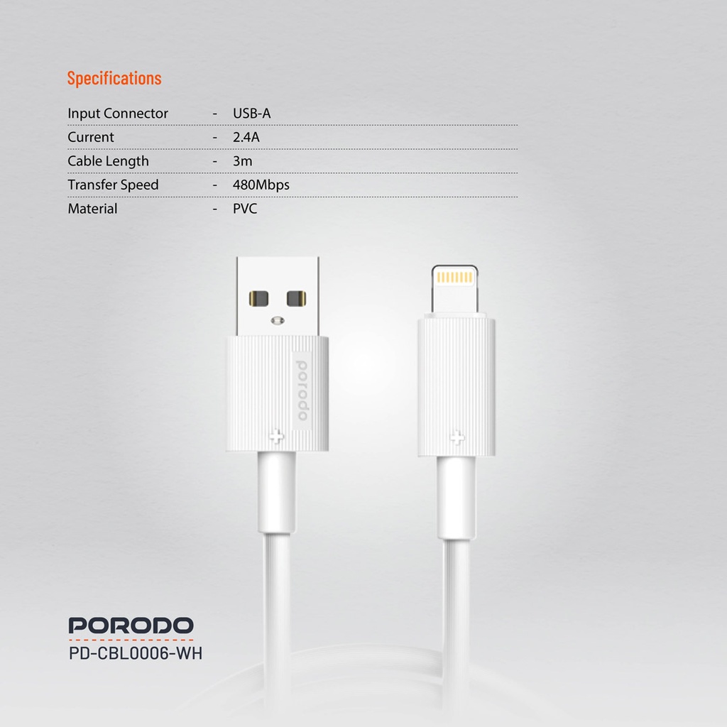 Porodo USB-A to Lightning Durable Charging Cable - White - Image 2