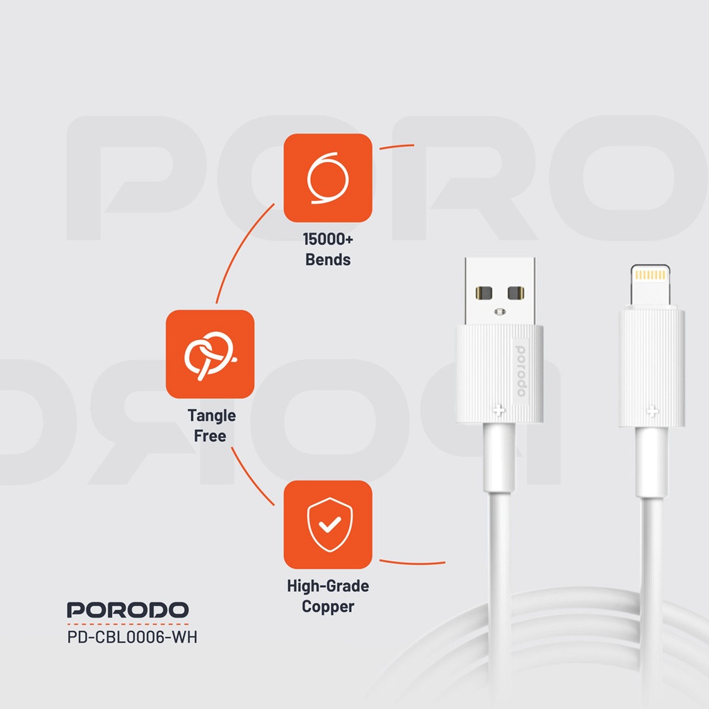 Porodo USB-A to Lightning Durable Charging Cable - White - Image 3