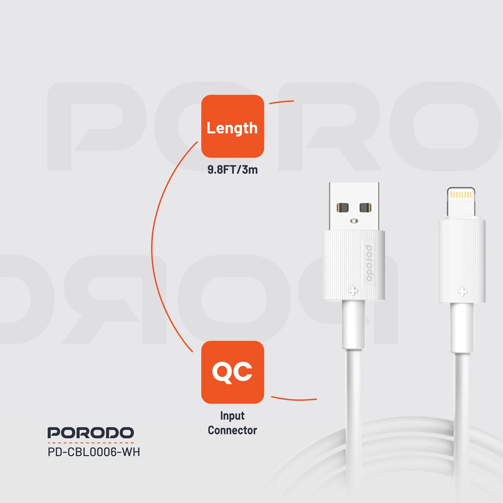 Porodo USB-A to Lightning Durable Charging Cable - White - Image 7