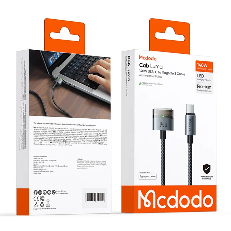 Mcdodo CA-207 140W USB-C to MagSafe 3 Charging Cable 2m - Black - Image 6