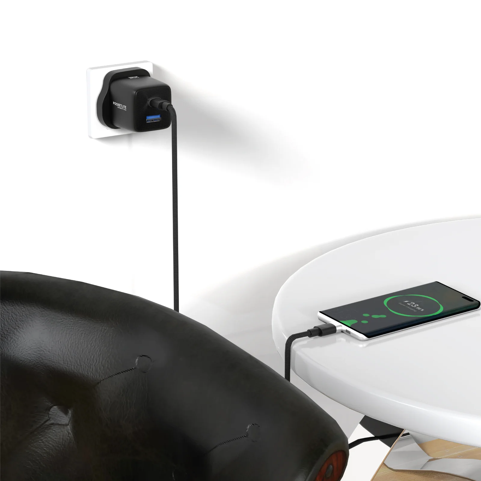 Pawa Pocketlite Travel Charger PD+QC Port Gan UK standard Includes Braided USB-C to USB-C Cable 60W - Image 2