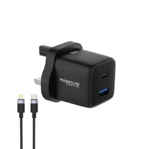 Pawa Pocketlite Travel Charger PD+QC Port Gan UK standard Includes Braided USB-C to Lightning Cable 30W