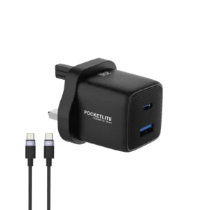 Pawa Pocketlite Travel Charger PD+QC Port Gan UK standard Includes Braided USB-C to USB-C Cable 60W