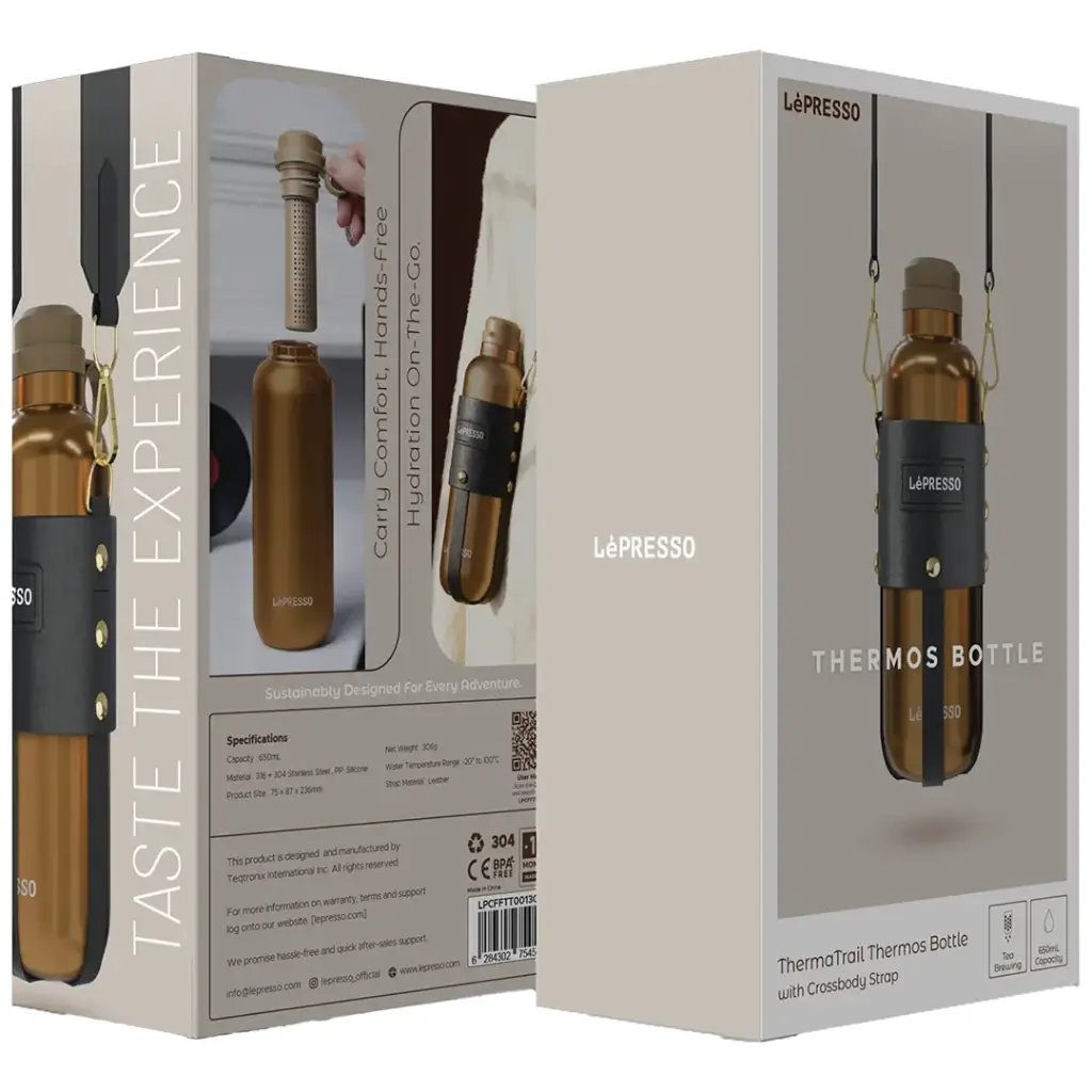 LePresso ThermaTrail Thermos Bottle with Crossbody Strap - Gold - Image 3