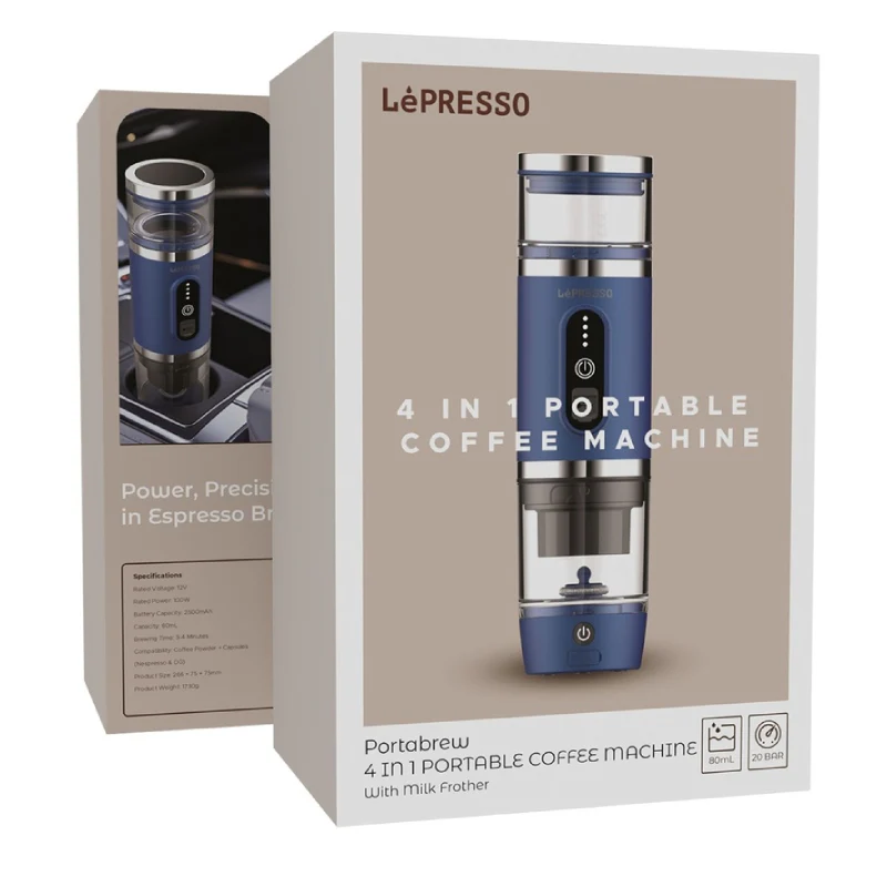 LePresso 4-in-1 Portable Coffee Machine with Milk Frother - 2500mAh / 100W / 80ml - Blue - Image 5