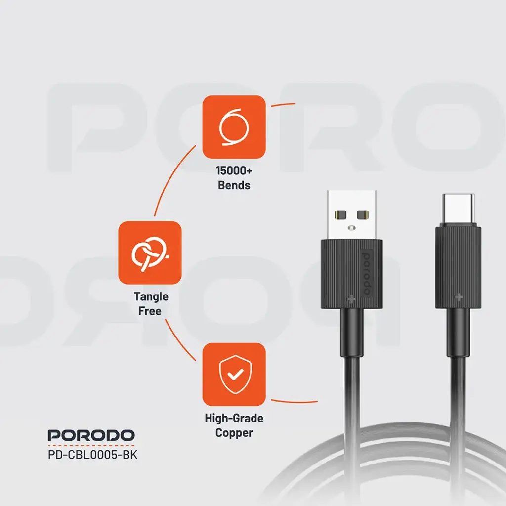 Porodo USB-A to USB-C Durable Charging Cable - Black - Image 3