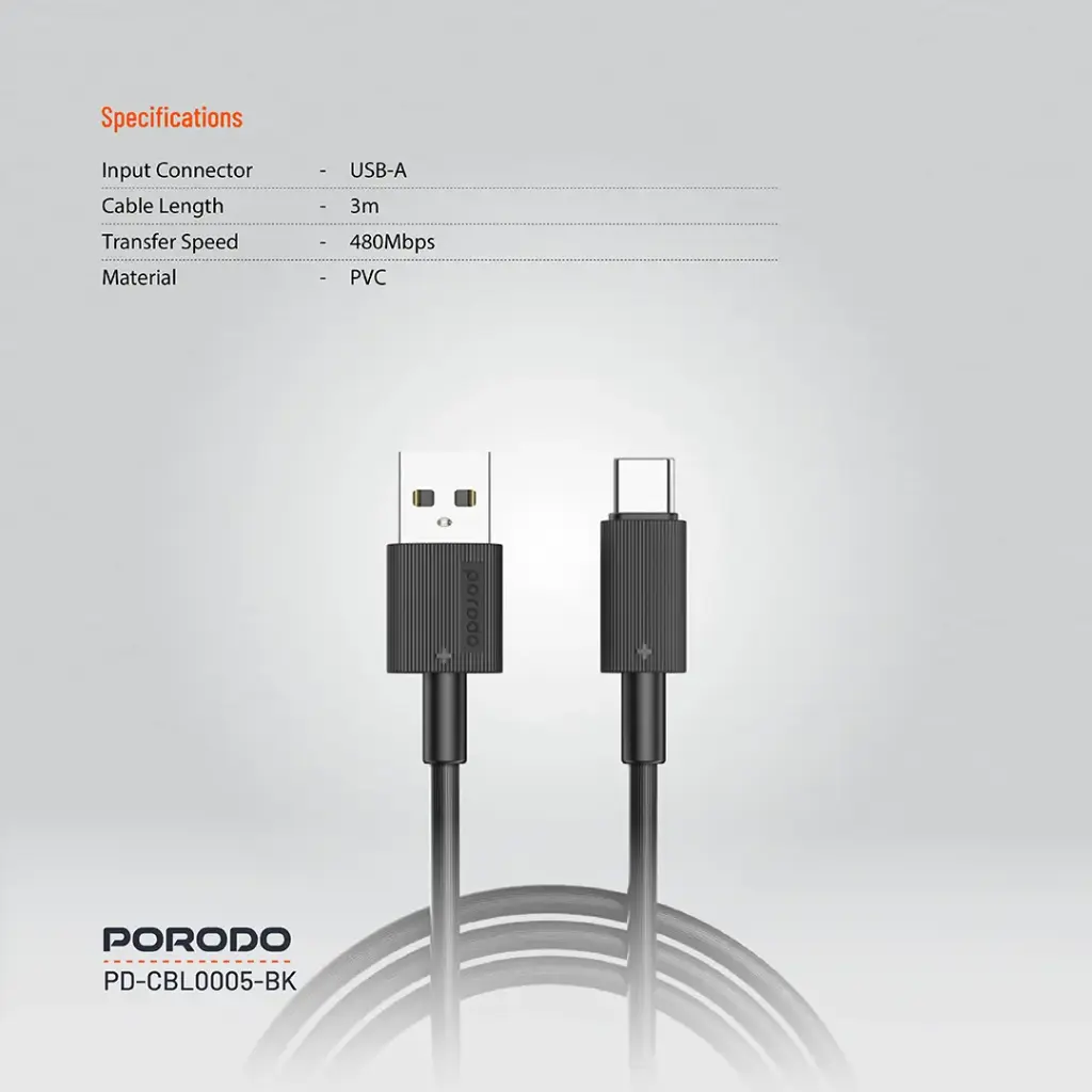 Porodo USB-A to USB-C Durable Charging Cable - Black - Image 2