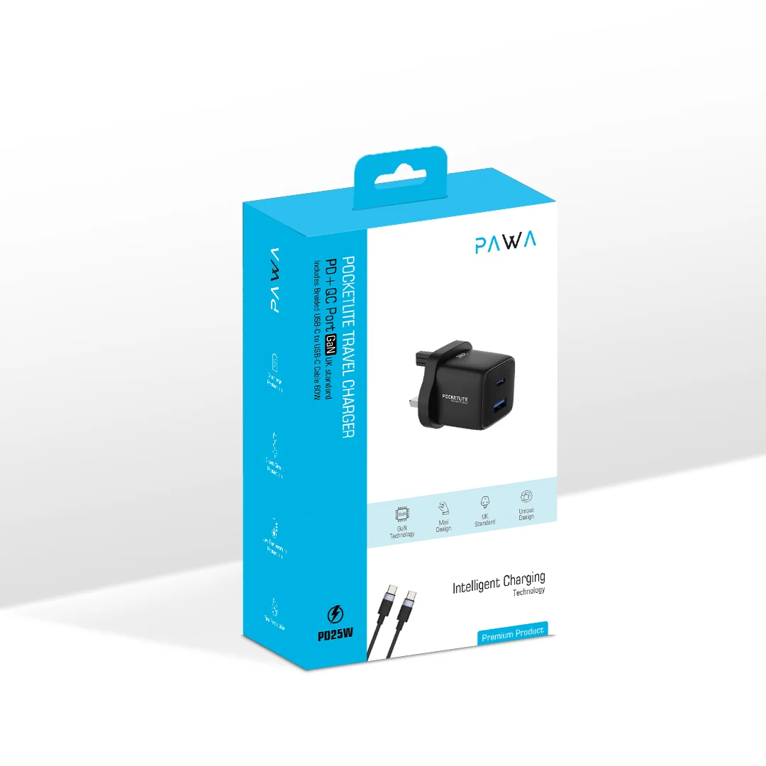 Pawa Pocketlite Travel Charger PD+QC Port Gan UK standard Includes Braided USB-C to USB-C Cable 60W - Image 5
