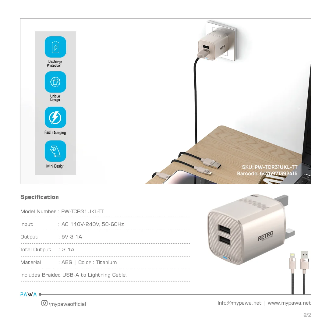 Pawa Retro 3.1A Dual USB UK Charger With USB-A to Lightning Cable - Image 4