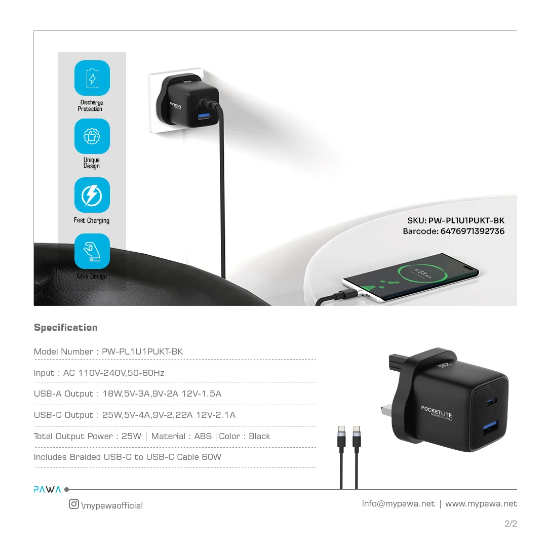 Pawa Pocketlite Travel Charger PD+QC Port Gan UK standard Includes Braided USB-C to USB-C Cable 60W - Image 4