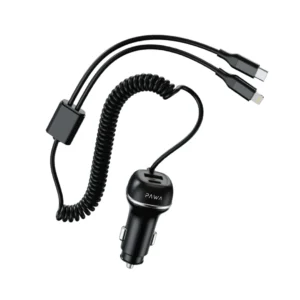 Pawa Solid Car Charger Dual Port PD+QC With USB-C and Lightning Cable
