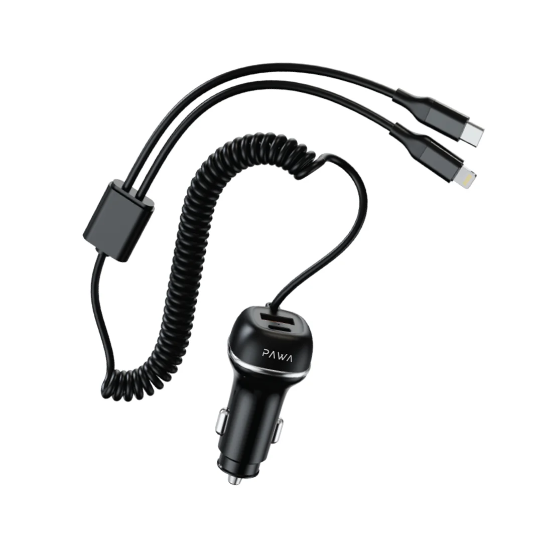 Pawa Solid Car Charger Dual Port PD+QC With USB-C and Lightning Cable