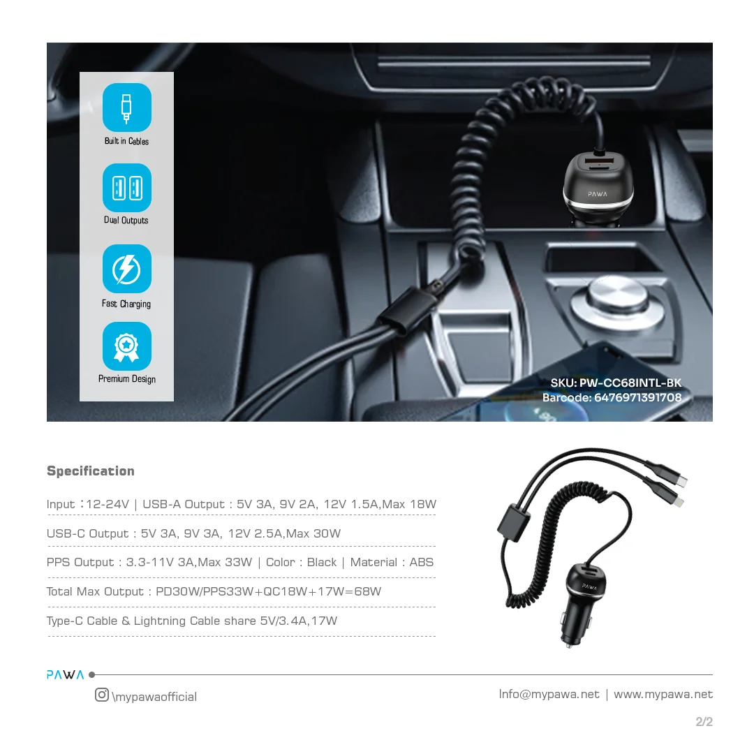 Pawa Solid Car Charger Dual Port PD+QC With USB-C and Lightning Cable - Image 5