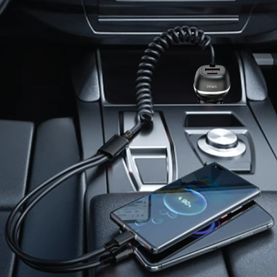 Pawa Solid Car Charger Dual Port PD+QC With USB-C and Lightning Cable - Image 2
