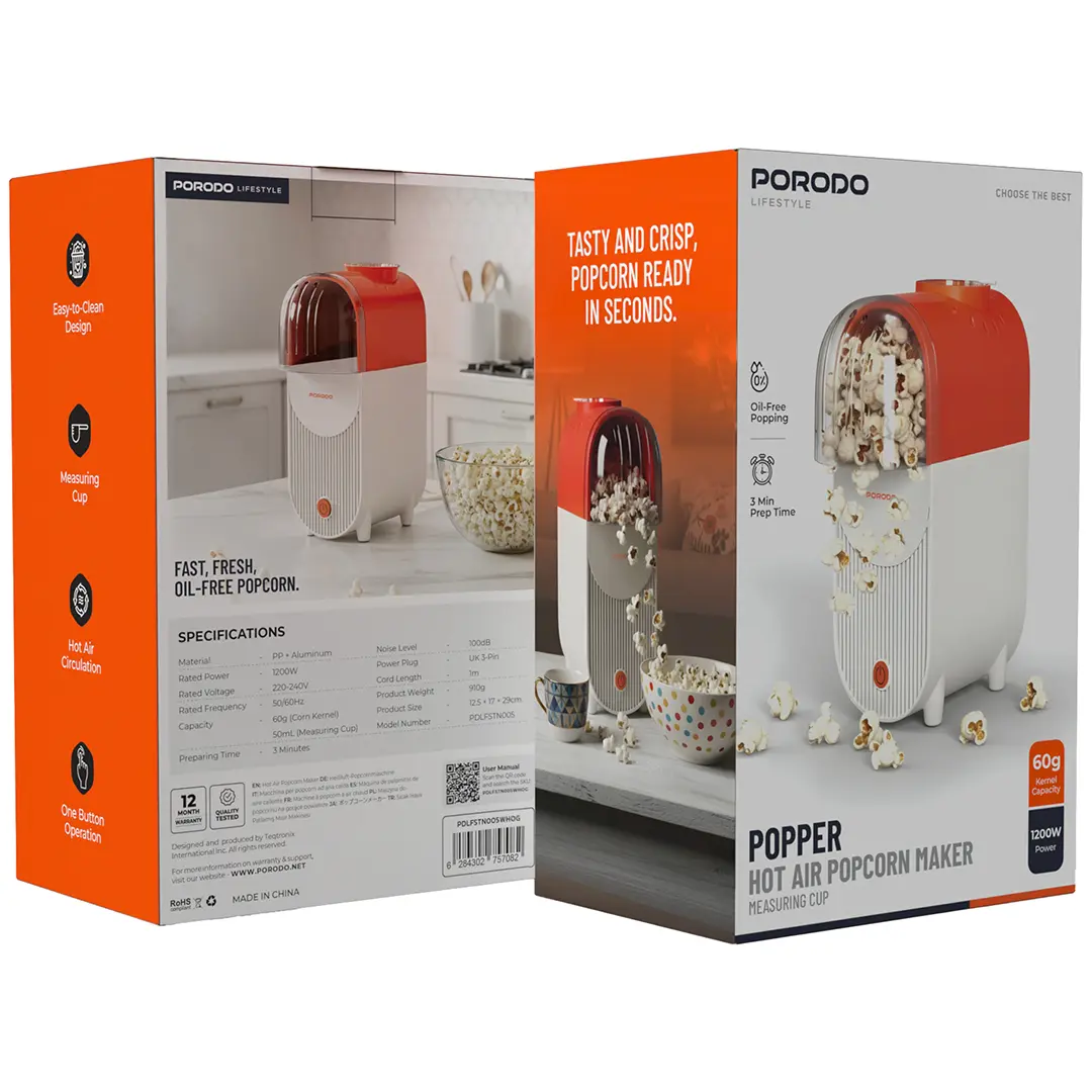 Porodo Lifestyle Popper Hot Air Popcorn Maker with Measuring Cup - White & Orange - Image 4