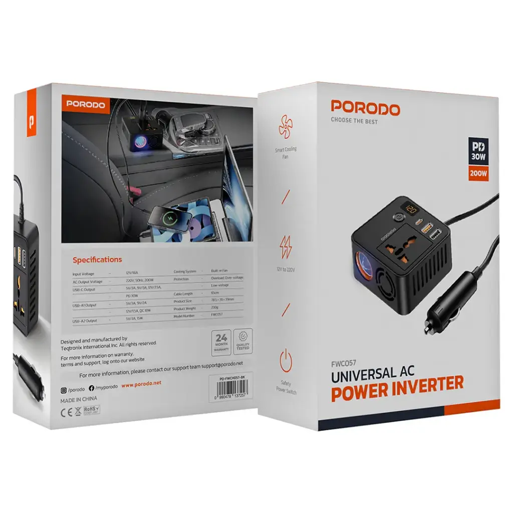 Porodo Universal Ac Power Inverter - Black - Image 2