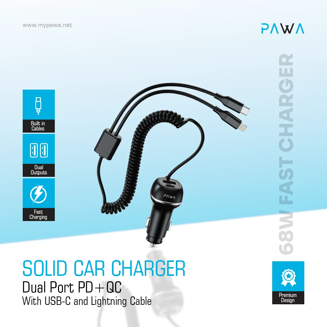 Pawa Solid Car Charger Dual Port PD+QC With USB-C and Lightning Cable - Image 4