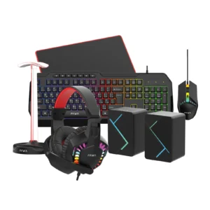 HD Sound Quality Ergonomic Design Streamlined Feel Gaming Peripherals Specification KEYBOARD Multimedia : Multimedia key Key : 111 keys Interface : USB Light : Colorful led glow Size : 463Å~177Å~31 mm SPEAKERS Output Power : 3WÅ~2 (THD=10%) SNR : >60dB Frequency Response: 90Hz–20Hz Separation Degree: >70dB Size : 69Å~64Å~100 mm Å~2 HEADPHONE Interface : USB + 3.5mm Rated Impedance : 32  ±10% Maximum Power : 45mW Sensitivity : 103±3dB/mW Size : 190Å~170Å~90 mm MOUSE DPI : 800-1200-1600-2400 Key : 4 keys Interface : USB Light : Colorful led glow Size : 126Å~63Å~37 mm MOUSE PAD Material : Rubber and cloth Size : 220Å~180 mm Thickness : 3 mm Craft : Braided edging HEADPHONE STAND Material : ABS Size : 120Å~120Å~270 mm Battery : AAÅ~3 (Not included) Light : 7 color light cycle Power Switch: Bottom toggle switch