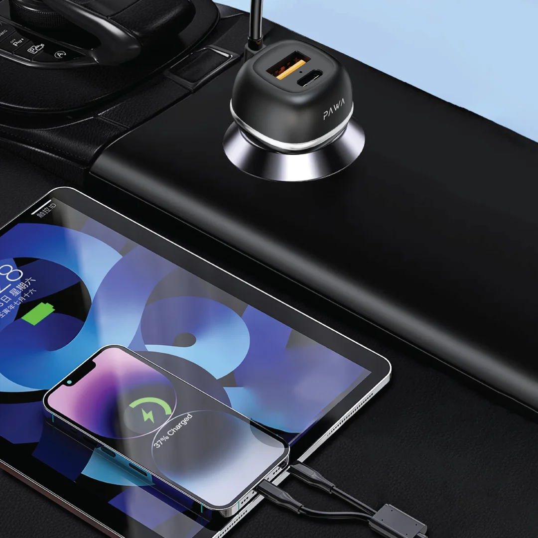 Pawa Solid Car Charger Dual Port PD+QC With USB-C and Lightning Cable - Image 3