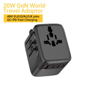 ASPOR A882 20W GaN World Travel Adapter 100-250V AC Input PD QC Foldable 3-Port USB-C/USB-A Fast Charging Wall Charger