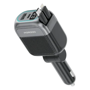 Porodo Spider Multi-Port USB Car Charger with USB-C to USB-C & Lightning Cable - Black