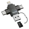 Porodo Minilink Transparent OTG Adapter with USB-C & Micro USB & Lightning & Memory Card- Grey