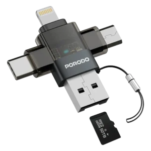 Porodo Minilink Transparent OTG Adapter with USB-C & Micro USB & Lightning & Memory Card- Grey