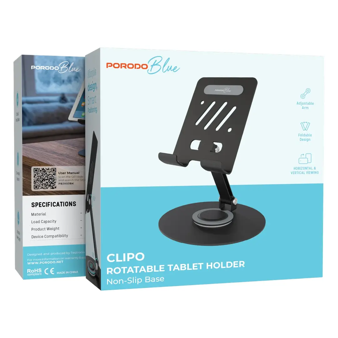 Porodo Blue Clipo Rotatable Tablet Holder with Non-Slip Base - Black - Image 7
