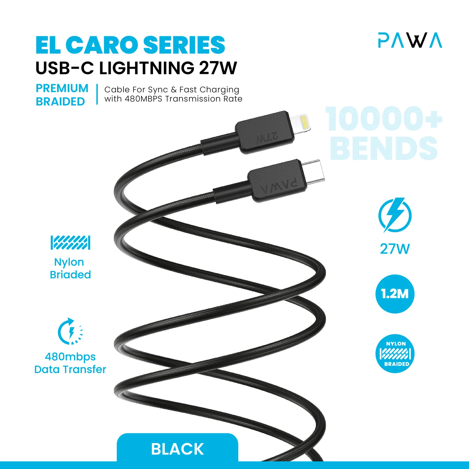 Pawa El-Claro Series Premium Braided Cable USB-C to LIGHTNING 27W - Black - Image 2